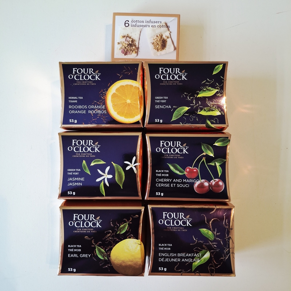 Tea Infuser Set - Four O'Clock Assorted Flavors loose herbal and black tea gift